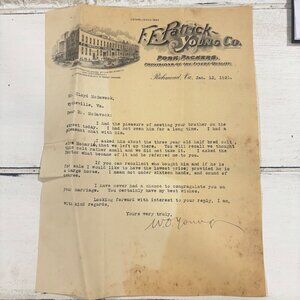 F.E. Patrick & Young Co. 1921 Letterhead Richmond VA Antique Ephemera Horse rare